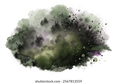 Abstract watercolor splash, green and purple hues, artistic texture, nature-inspired design, perfect for backgrounds.