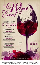 Abstract watercolor splashes wine glass on  vintage background - poster template for your Wine event. Vector illustration.