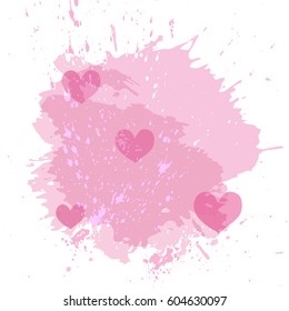 Abstract watercolor spot background. Vector splash texture background isolated on white. Trendy tender pink colors and hearts. Handcrafted texture