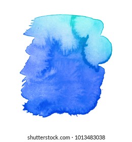 Abstract watercolor spot with droplets, smudges, stains, splashes. Bright aquamarine blue color blot in grunge style. To design and decor backgrounds, banners, flyers.