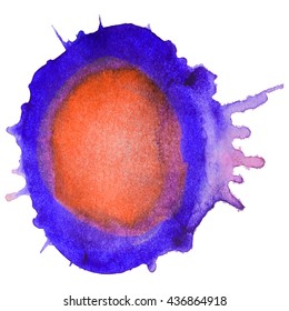 Abstract watercolor stain with splashes blue violet orange color