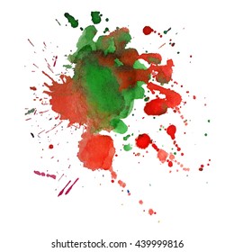 Abstract watercolor stain with splashes and drops of red green color. Design background for banner and flyers