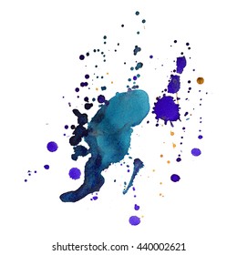 Abstract watercolor stain with splashes and drops of blue violet color. Design background for banner and flyers