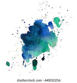 Abstract watercolor stain with splashes and drops of blue green color. Design background for banner and flyers