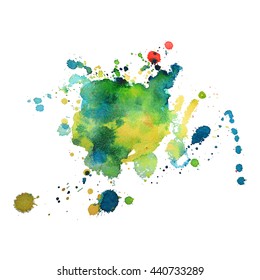 Abstract watercolor stain with splashes and drops of green yellow color. Design background for banner and flyers