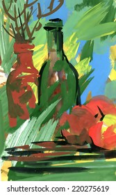 Abstract watercolor still life. bottles and apples vector illustration