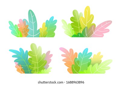 Abstract watercolor style forest trees, bush or leaves colorful vibrant colors cartoon for kids, clip art collection. Childish hand drawn nature foliage bright decoration vector set. 