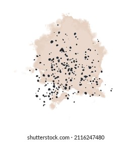 Abstract Watercolor Style Vector Illustration with Beige Stain and Black Ink Splashes on a White Background. Minimalist Art Print with Stains and Splatter.