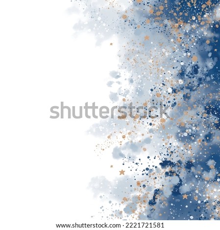 Abstract Watercolor Style Vector Layout with Painted Border. Dark and Light Blue Paint Stains, Gold Splatter and Stars on a White Background. Iregular Stains and Splash Print Set. No text. 