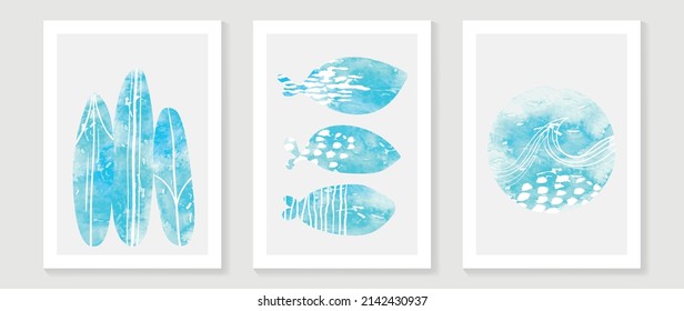 Abstract watercolor summer beach wall art template. Blue sea wallpaper design with surf, fish, sea wave in line art pattern. Ocean painting for wall decoration, interior, background, cover, banner.