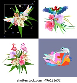 Abstract watercolor summer illustration, tropical  two flamingos, logo couple of hummingbirds, exotic flowers leaves, palm trees, color  vector prints, Parrot, a set of birds posters, pattern  animals