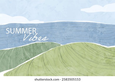Abstract watercolor summer landscape backgrounds with mountains, cloud sky and sea water design. Nature backgrounds for social media. Minimal style vacation backdrop, summer seaside beach