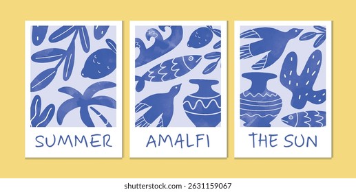 Abstract watercolor summer poster or card set in hand drawn naive style with birds, lemons, fish, palm, vases, olive branches, cactus. Monochrome blue vector illustration. Design for decor, travel, pr