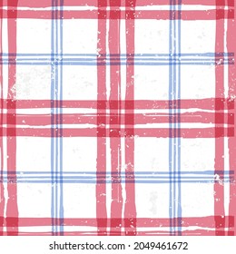 Abstract Watercolor Tartan Vector Seamless Pattern. Fashion Textile Check Plaid Print In Blue Red White Colors. Art Ink Grunge Texture Background. Trendy Fabric Design Or Wrapping Paper