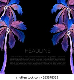 Abstract watercolor template with palm trees. Aquarelle brochure with coconut palms. Travel leaflet.