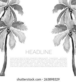 Abstract watercolor template with palm trees. Aquarelle brochure with coconut palms. Travel leaflet.