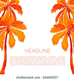 Abstract watercolor template with palm trees. Aquarelle brochure with coconut palms. Travel leaflet.