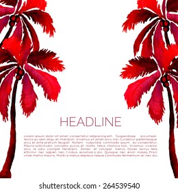 Abstract watercolor template with palm trees. Aquarelle brochure with coconut palms. Travel leaflet. 