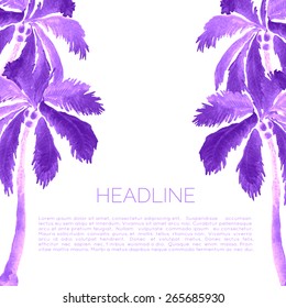 Abstract watercolor template with palm trees. Aquarelle brochure with coconut palms. Travel leaflet.