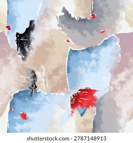 Abstract watercolor texture with soft blue, beige, gray and red brush accents creating a modern artistic background for textile design.