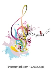 Abstract watercolor treble clef with splashes, flowers and dancing people. Vector illustration.