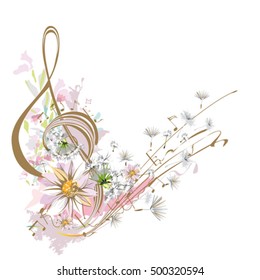 Abstract watercolor treble clef with splashes, dandelions, chamomiles. Light music. Vector illustration.