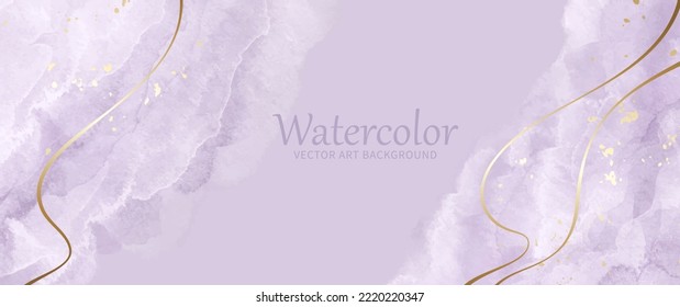 Resumen de fondo de arte vectorial de acuarela para tarjetas, volante, afiche, banner y diseño de cubierta. Ilustración de color púrpura claro dibujada a mano para el diseño. Líneas de oro. Atracciones de pincel de color de agua. Textura pintada.