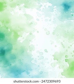 Abstract watercolor vector background in blue and green. A wash of blue and green watercolor hues on a crisp white background. The colors are vibrant and blend seamlessly, creating a smooth texture