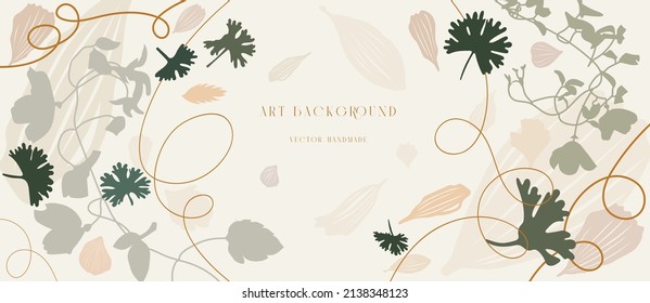 Abstract watercolor vector background. Gingko wallpaper and botanical line art. Luxury cover design with text, golden texture and brush style. floral art for wall decoration and prints.