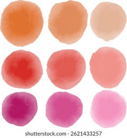 Abstract Watercolor Vector Circles in Warm and Vibrant Gradient Tones. Colorful watercolor circles arranged in gradient patterns, blending warm and vibrant pink, red, orange, and peach shades, perfect