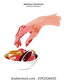 Abstract Watercolor Vector Illustration of Hand Picking Dates from Bowl