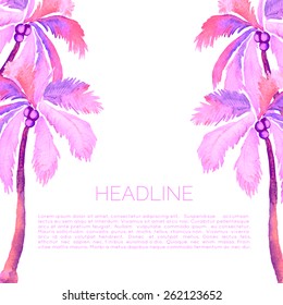 Abstract watercolor vector template with palm trees. Aquarelle brochure with coconut palms. Travel leaflet.