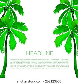 Abstract watercolor vector template with palm trees. Aquarelle brochure with coconut palms. Travel leaflet.