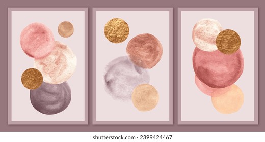 Abstract watercolor wall art composition in beige, grey, white, pink colors.  Golden geometric shapes, circles design. Modern creative hand drawn background.