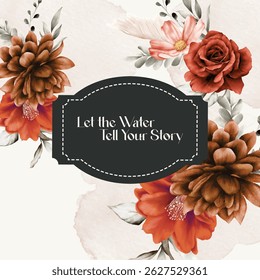 Abstract watercolor wedding invitation card black and red color flowers