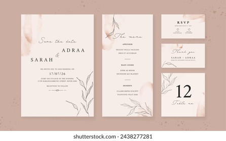 Plantilla de invitación de boda de acuarela abstracta. conjunto de papelería de boda. tarjeta de lujo y fondo de póster.