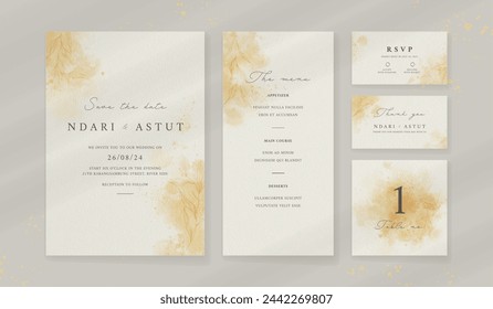 Plantilla de invitación de boda de acuarela abstracta. conjunto de papelería de boda. tarjeta de lujo y fondo de póster.