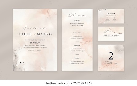 Plantilla Abstractas de la invitación de la boda de la acuarela. sistema de la papelería de la boda. tarjeta de lujo y impresión del cartel.