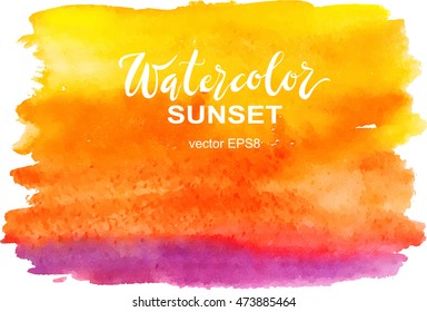 Abstract watercolor yellow, orange, pink brushstroke, sunset sky vector illustration, hand painted background isolated on white.