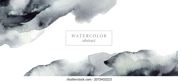 Abstract watercolorbackground, frame in white, black, grey. Monochrome soft washes. Hand painted brush strokes. 