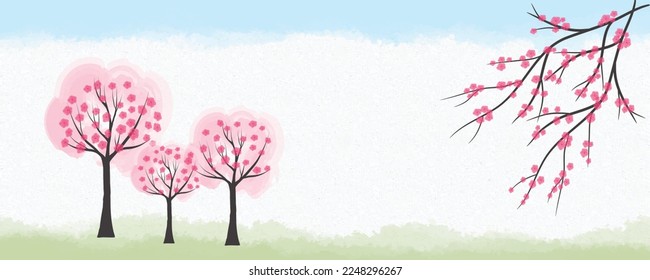 Abstract watercolour painting cherry blossom tree and pink flower drawing paper texture green blue background. Vector illustration. 