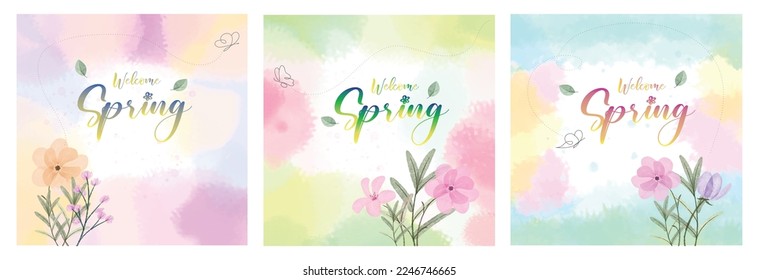 Abstract watercolour square banner leaf flower butterfly on gradient background Spring season theme colour design. Vector illustration.  