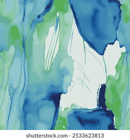 is an abstract watercolour work dominated by blue and green tones. the drawing consists of fluid and organic shapes in which various shades of blue and green colours are mixed together.