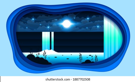 Abstract Waterfall Background With Moon Stars Clouds Water Landscape Nature Vector Design Style Nature
