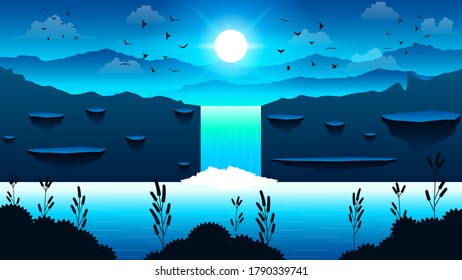 Abstract Waterfall Background With Sun Clouds And Birds Vector Design Style Nature