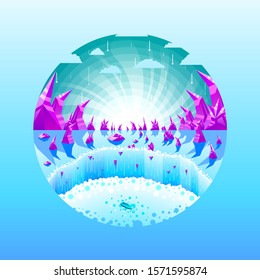 Abstract Waterfall Vector Landscape Blue Water Crystal Mountains Sun Boat Nature Background Design Style