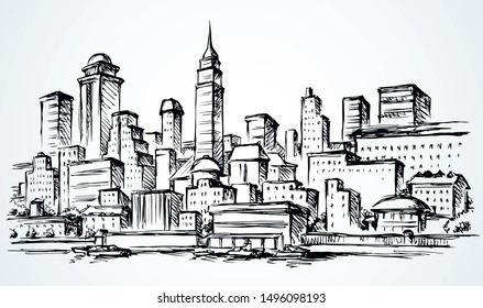 Abstract waterfront usa new york highrise bank structure center panoramic view. midtown dock harbor sky text space. Outline black ink hand drawn built logo icon sign texture design in art doodle style