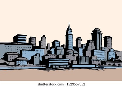 Abstract waterfront usa new york highrise bank structure center panoramic view. midtown dock harbor sky text space. Outline black ink hand drawn built logo icon sign texture design in art doodle style