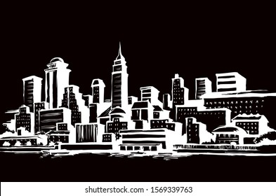 Abstract waterfront usa new york highrise bank structure center panoramic view. midtown dock harbor sky text space. Outline black ink hand drawn built logo icon sign texture design in art doodle style