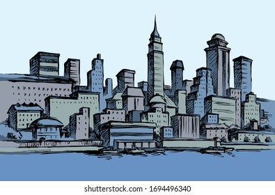 Abstract waterfront usa new york highrise bank structure center panoramic view. midtown dock harbor sky text space. Outline black ink hand drawn built logo icon sign texture design in art doodle style